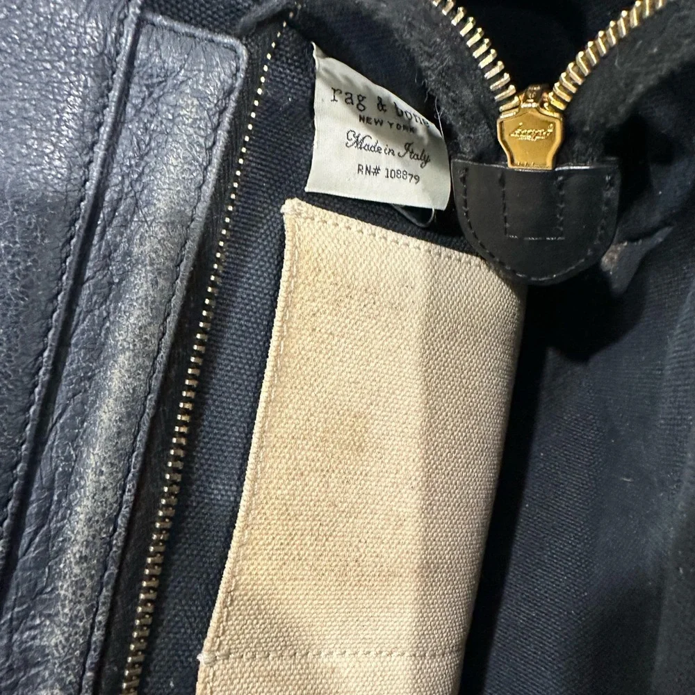 Rag & Bone Pilot Bag in blue leather with a floral print pocket small satchel